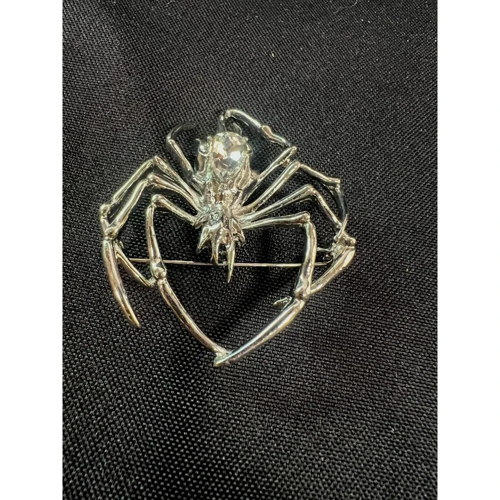 Large Silver‎ Tone Spider Brooch Clear Rhinestone Statement Halloween Gothic